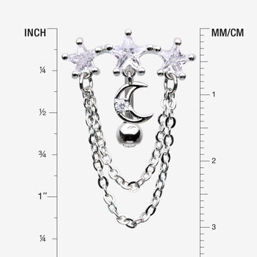 Detail View 1 of Celestial Stars and Moon Sparkle Chained Top Down Reverse Belly Button Ring-Clear Gem